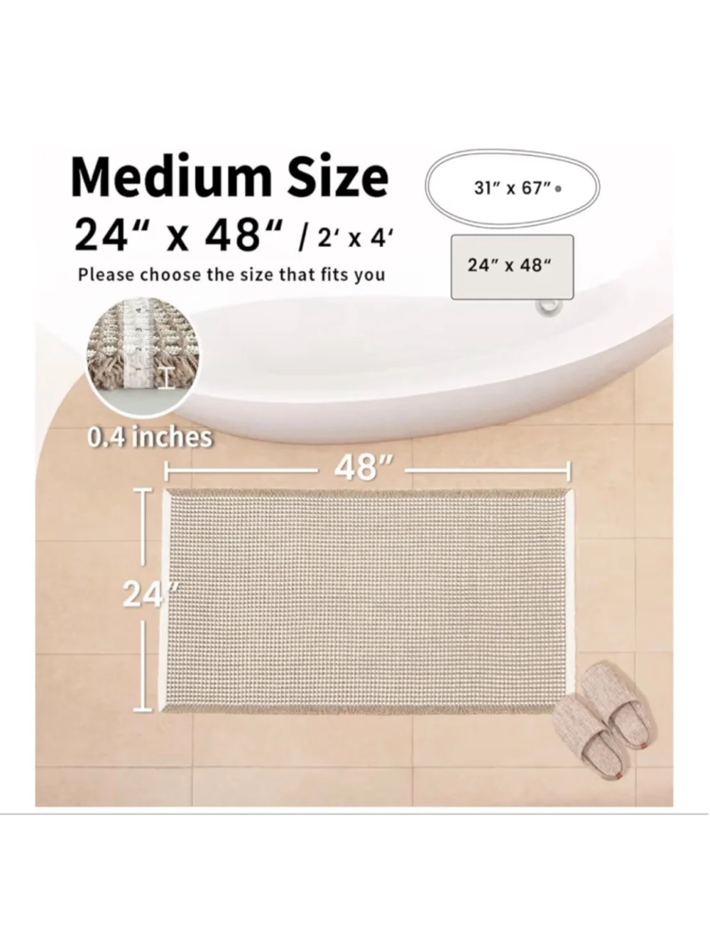NEW Waffle Bath Mat Boho Bathroom Rugs Non Slip Washable Super Absorbent 24x48”